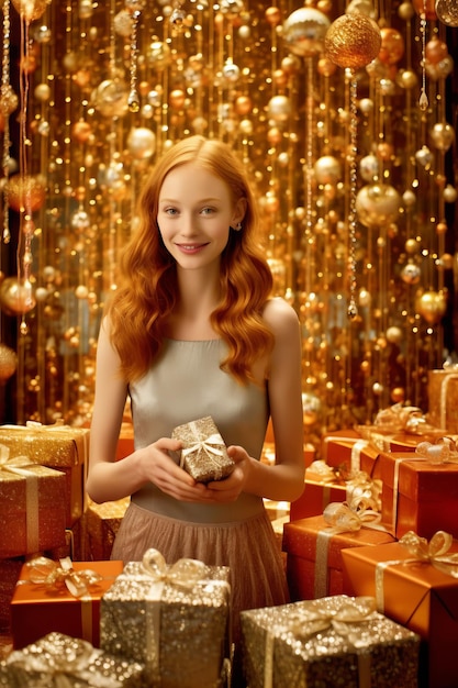 Schöne junge Frau hält Geschenk vor der Weihnachtspräsentation von Geschenken Generative KI