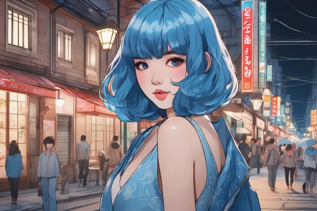schöne junge Frau im blauen Kleid in der Stadt