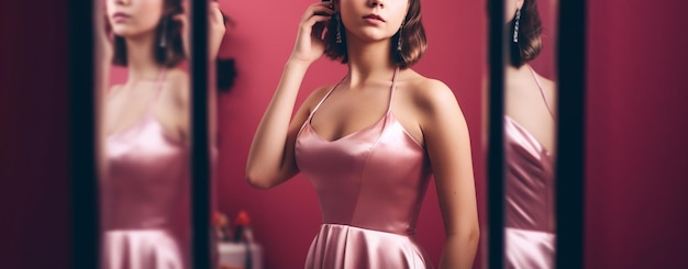 Schöne junge Frau im rosa Nachthemd, die in den Spiegel schautGenerative ai