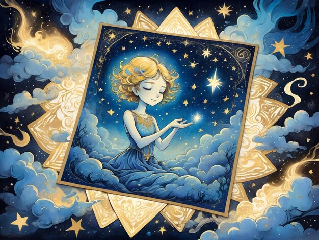 schöne junge Frau in blauem Kleid mit einem Mond