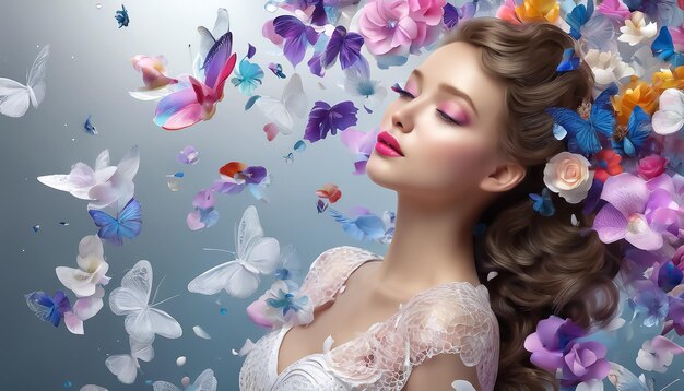 Schöne junge Frau in Blumen Fantasieblumen-Collage Erstellte Szene