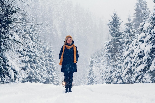 Schöne junge Frau in einem Winterwald Winterporträt einer Frau in Mütze und Schal