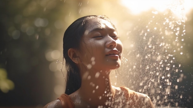 Schöne junge Frau in guter Stimmung Asiatische Frau, die Wasser während Thailands traditioneller Wasser-Songkran-Veranstaltung sprüht Generative KI