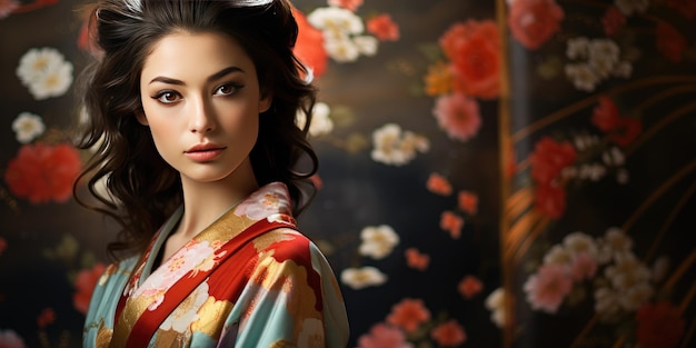 Schöne junge Frau in Kimono auf blumigem Hintergrund Hochwertiges Foto Generative KI