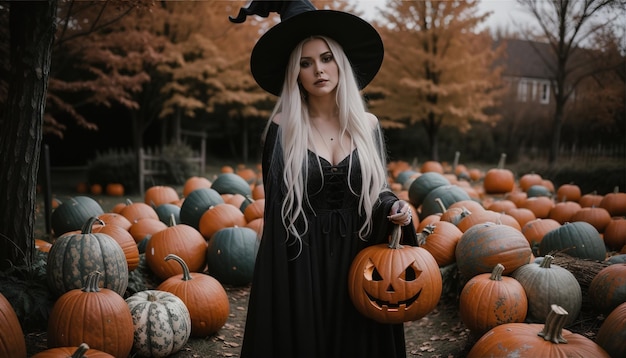 Schöne junge Frau in schwarzem Kleid und Hut auf dem Hintergrund von Halloween-Kürbissen ai generativ