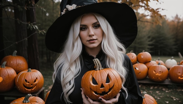 Schöne junge Frau in schwarzem Kleid und Hut auf dem Hintergrund von Halloween-Kürbissen ai generativ