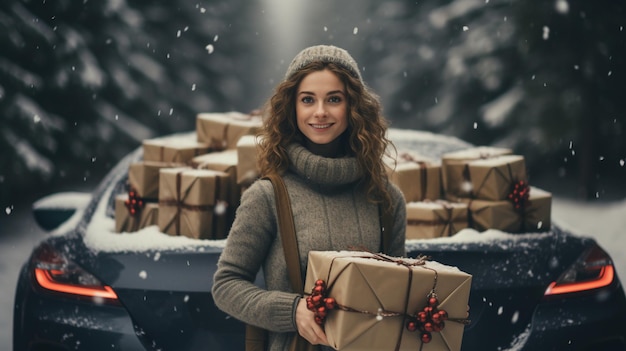 Schöne junge Frau in Strickpullover steht neben einem Auto mit einem Weihnachtsbaum auf dem Dach unter Schneefall. Frohe Winterferien. Hochwertiges Foto