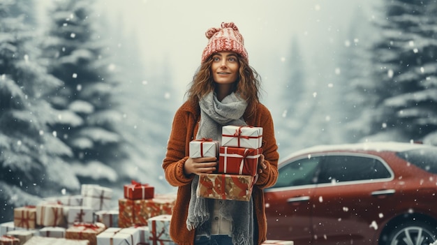 Schöne junge Frau in Strickpullover steht neben einem Auto mit einem Weihnachtsbaum auf dem Dach unter Schneefall. Frohe Winterferien. Hochwertiges Foto