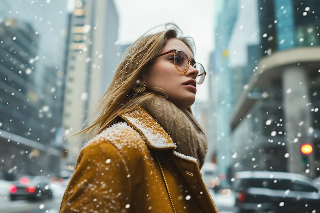 Foto schöne junge frau in wintermantel, hut und sonnenbrille auf einer stadtstraße