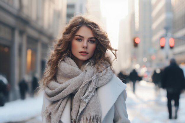 Foto schöne junge frau in wintermantel, hut und sonnenbrille auf einer stadtstraße