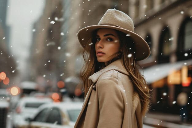 Foto schöne junge frau in wintermantel, hut und sonnenbrille auf einer stadtstraße