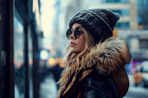 Foto schöne junge frau in wintermantel und hut auf einer stadtstraße