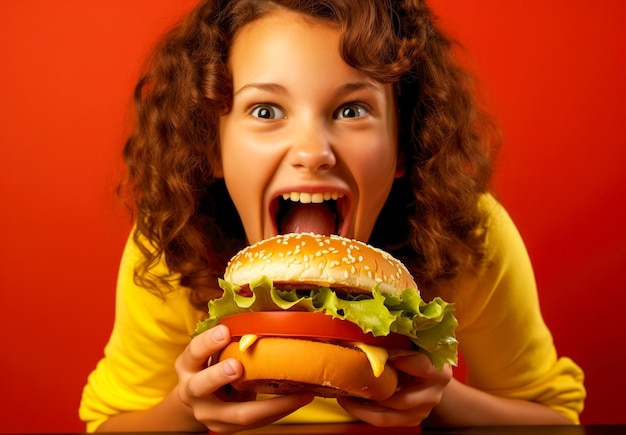 Schöne junge Frau isst einen Hamburger Closeup