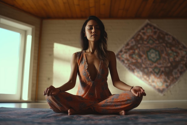 Schöne junge Frau kundalini yoga in Lotus-Pose im Boho-Stil Innenraum