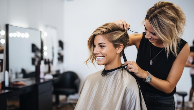 Schöne junge Frau lässt sich in einem Schönheitssalon die Haare schneiden