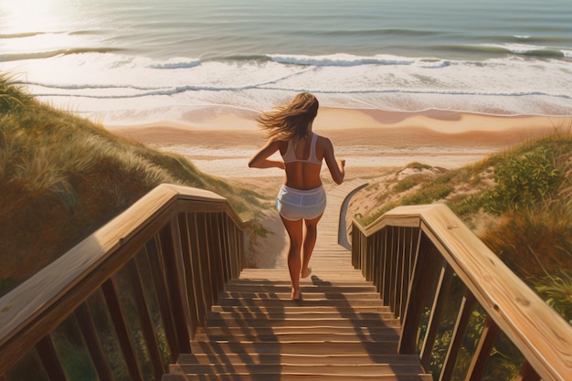 Foto schöne junge frau läuft mit ki-generierung über eine holztreppe zum strand