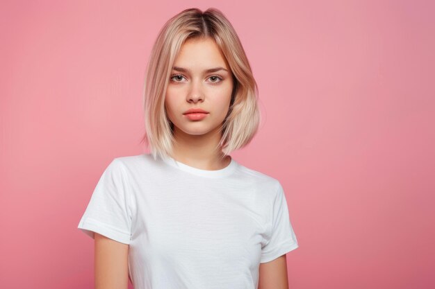 Schöne junge Frau mit blonden Haaren mit Bob Haarschnitt mit rosa Hintergrund