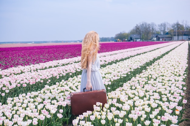 Schöne junge Frau mit dem langen roten Haar, das im weißen Kleid steht mit Gepäck auf buntem Tulpenfeld trägt.