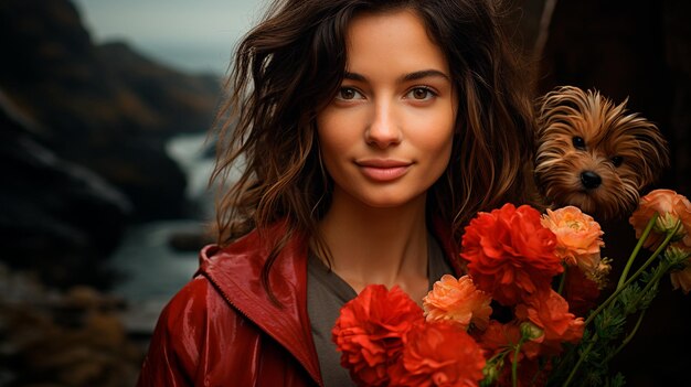 Foto schöne junge frau mit einem blumenstrauß im herbst