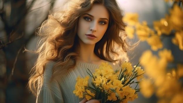 schöne junge Frau mit einem Bouquet von Wildblumen auf dem Naturhintergrund