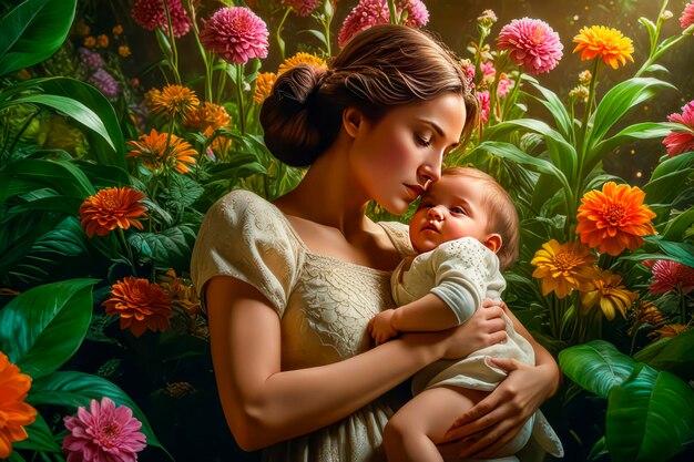 Schöne junge Frau mit einem Kind in ihren Armen Mutterschaft und Liebe