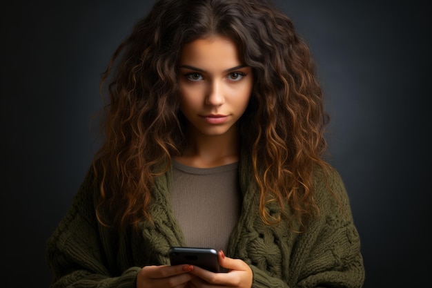 Schöne junge Frau mit einem Smartphone, die in ein Gespräch oder eine Textnachricht vertieft ist. Generative KI