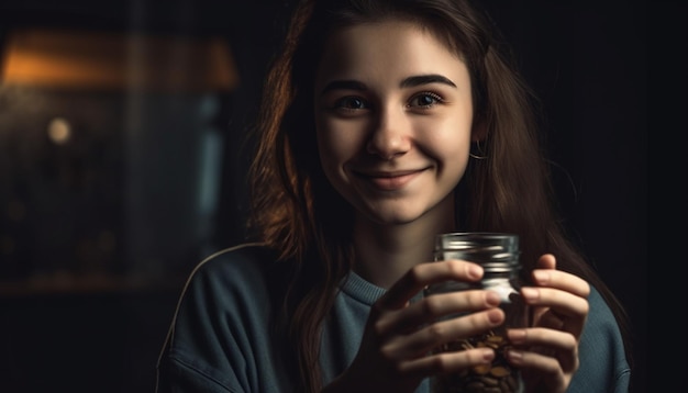 Schöne junge Frau mit einer Kaffeetasse, die selbstbewusst lächelt, erzeugt von KI