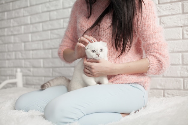 Schöne junge Frau mit einer niedlichen Katze, die zu Hause ruht