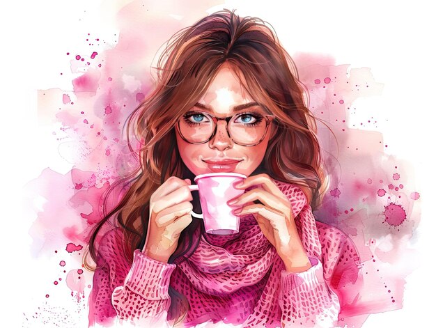 Schöne junge Frau mit einer Tasse heißem Getränk Aquarell-Illustration