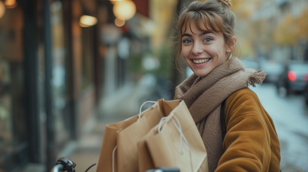 Schöne junge Frau mit Einkaufspapiertüten steht mit dem Fahrrad am Straßenabend im Winter
