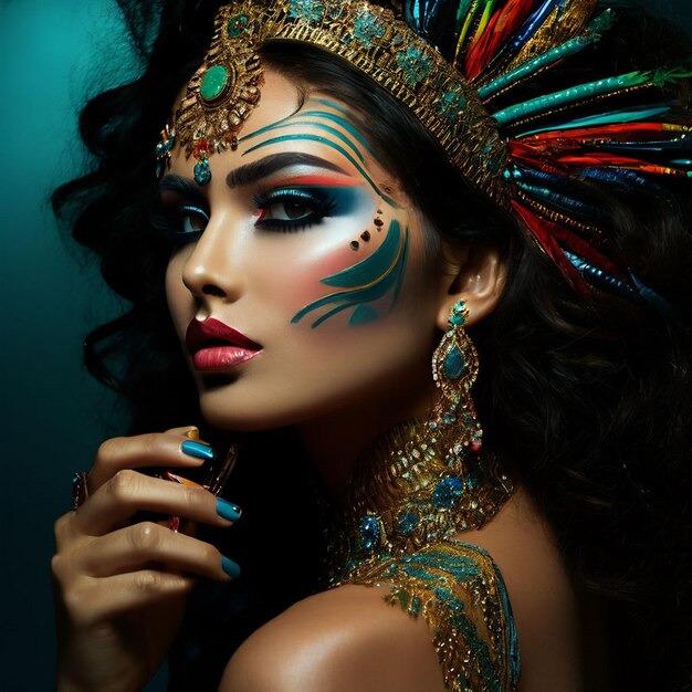 Schöne junge Frau mit hellem Make-up und indischer Kopfbedeckung