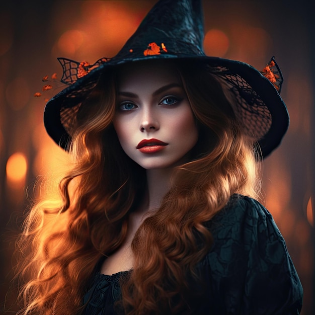 Schöne junge Frau mit Hexenhut Halloween-Kunstporträt