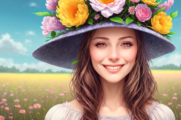 Schöne junge Frau mit Hut und Blumen im Haar