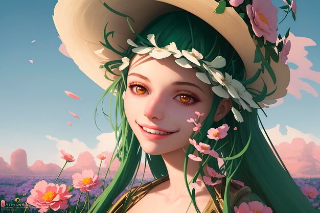 Schöne junge Frau mit Hut und Blumen im Haar