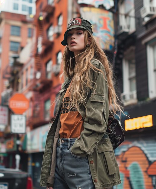 Schöne junge Frau mit langen blonden Haaren, die eine Baseballmütze trägt und auf den Straßen von New York posiert