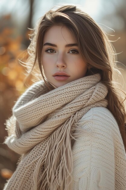 Schöne junge Frau mit langen braunen Haaren, die im Herbst ein beige gestricktes Schal und einen Pullover trägt