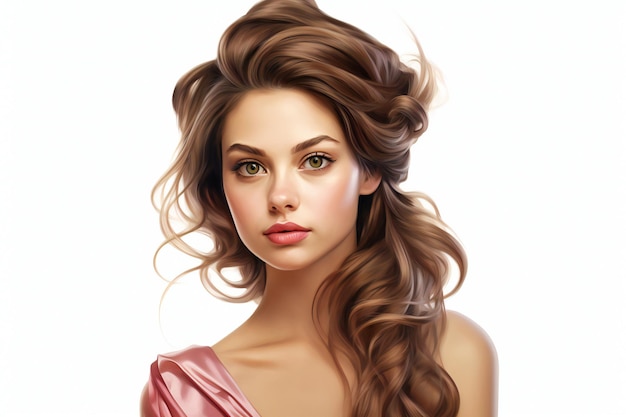 Schöne junge Frau mit langen lockigen Haaren Porträt eines Mädchens mit Make-up auf weißem Hintergrund