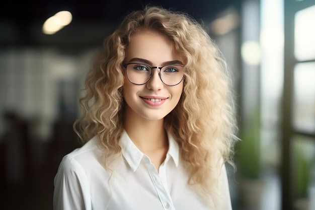 Schöne junge Frau mit lockigem blonden Haar mit Brillen steht im Büro und lächelt Porträt eines