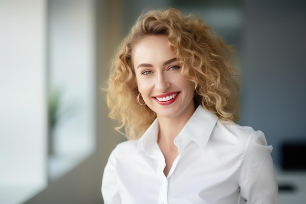 Schöne junge Frau mit lockigem blonden Haar steht im Büro und lächelt Porträt eines erfolgreichen