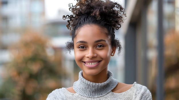 Schöne junge Frau mit lockigem Haar lächelt Sie trägt einen grauen Pullover