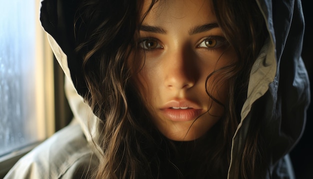 Schöne junge Frau mit nassen braunen Haaren blickt in die Kamera, die durch künstliche Intelligenz erzeugt wird