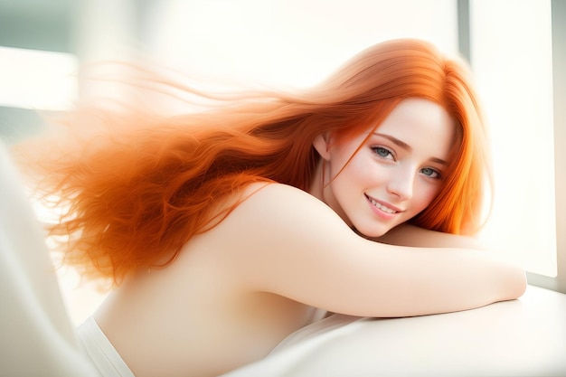 Foto schöne junge frau mit roten haaren liegt im bett und lächelt auf verschwommenem hintergrund generative ki
