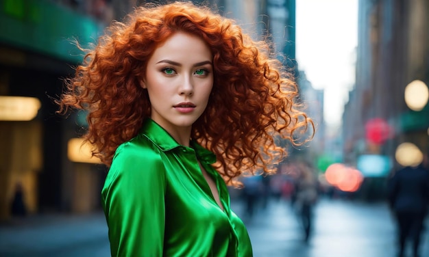 Schöne junge Frau mit roten lockigen Haaren in einem grünen Kleid in der Stadt in der Nacht ai generative