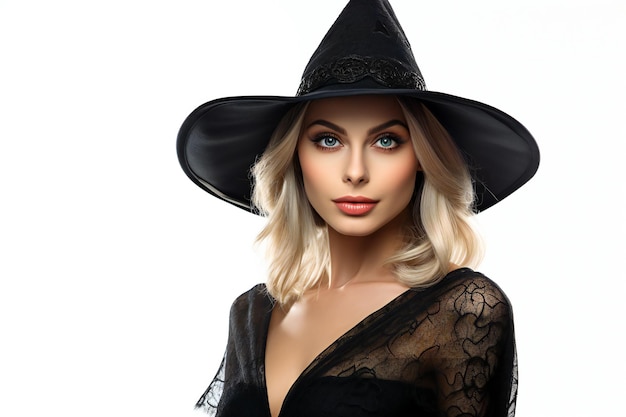 Schöne junge Frau mit schwarzem Hexenhut isoliert auf weißem Hintergrund Halloween