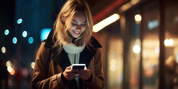 Schöne junge Frau mit Smartphone, die die Straße der nächtlichen Stadt voller Neonlicht entlang geht