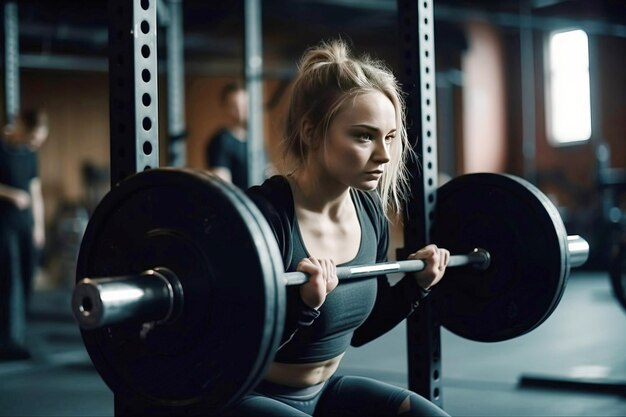 schöne junge Frau mit sportlichem Körperbau im Fitnessstudio mit Barbell, die Sport treibt