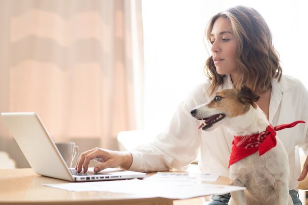 Schöne junge Frau mit süßem Hund, der zu Hause am Laptop arbeitet.