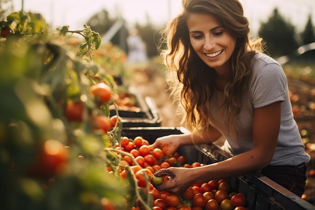 Schöne junge Frau sammelt Tomaten auf der Herbstfarm