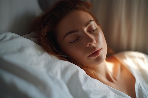 Schöne junge Frau schläft in einem weißen Bett. Schlafenszeitroutine