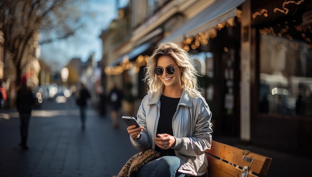 Schöne junge Frau sitzt auf einer Bank in der Stadt und benutzt ein Smartphone